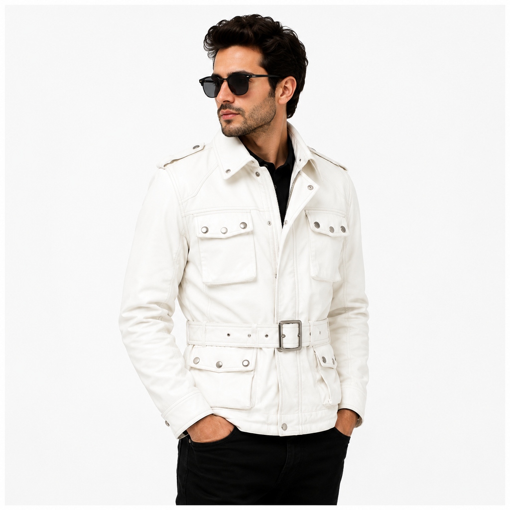 Men's White Military Safari Leather Field Jacket