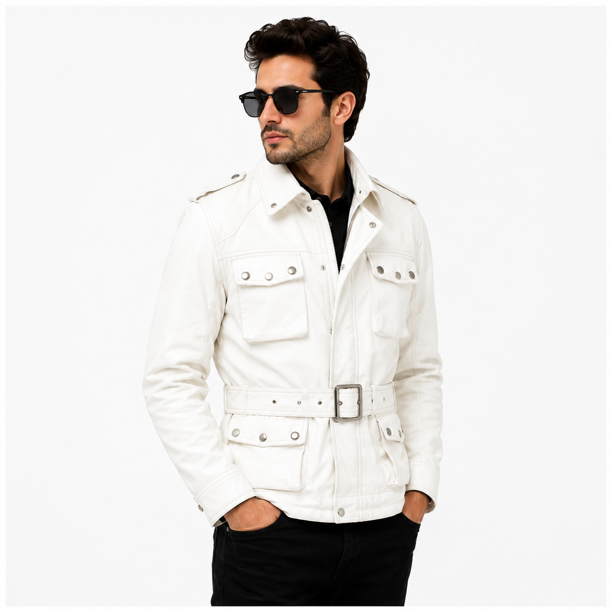 Men's White Military Safari Leather Field Jacket
