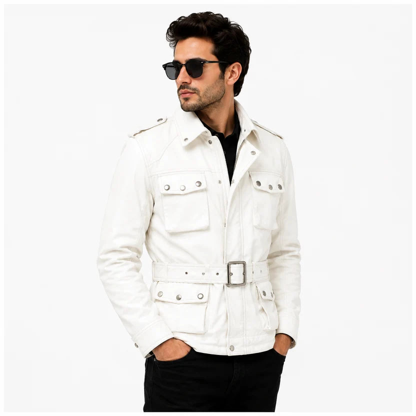 Men's White Genuine Leather Field Biker Jacket with Waist Belt and 4 Pockets