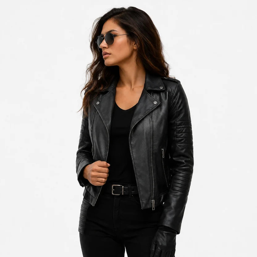 Women's Black Genuine Leather Moto Jacket Real Leather Biker Jacket 