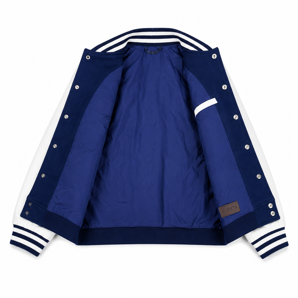 Navy Blue and White New York Yankees Varsity Jacket Side with NY 1903 Sleeve Patch and Yankees Circular Logo