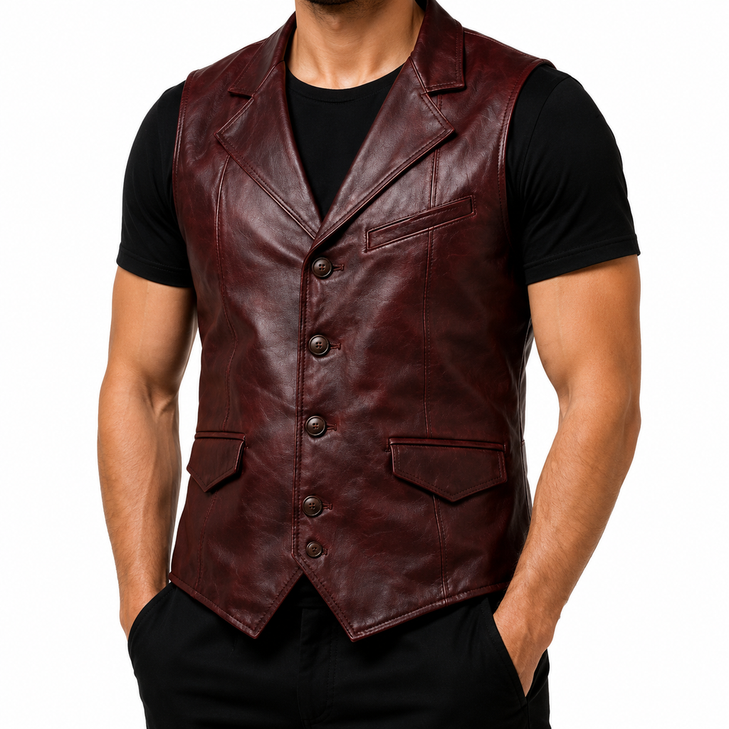 Wine Red Leather Vest Notch Lapel Detail