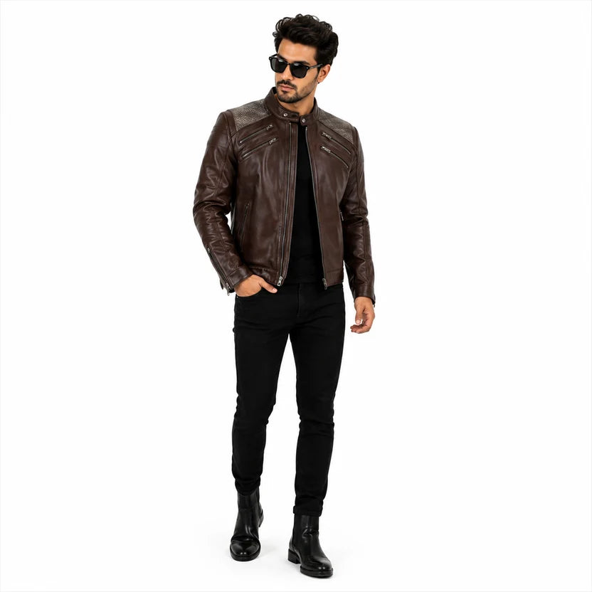 Dark Brown Genuine Leather Biker Jacket