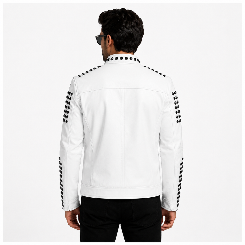 Men's White Studded Biker Leather Jacket