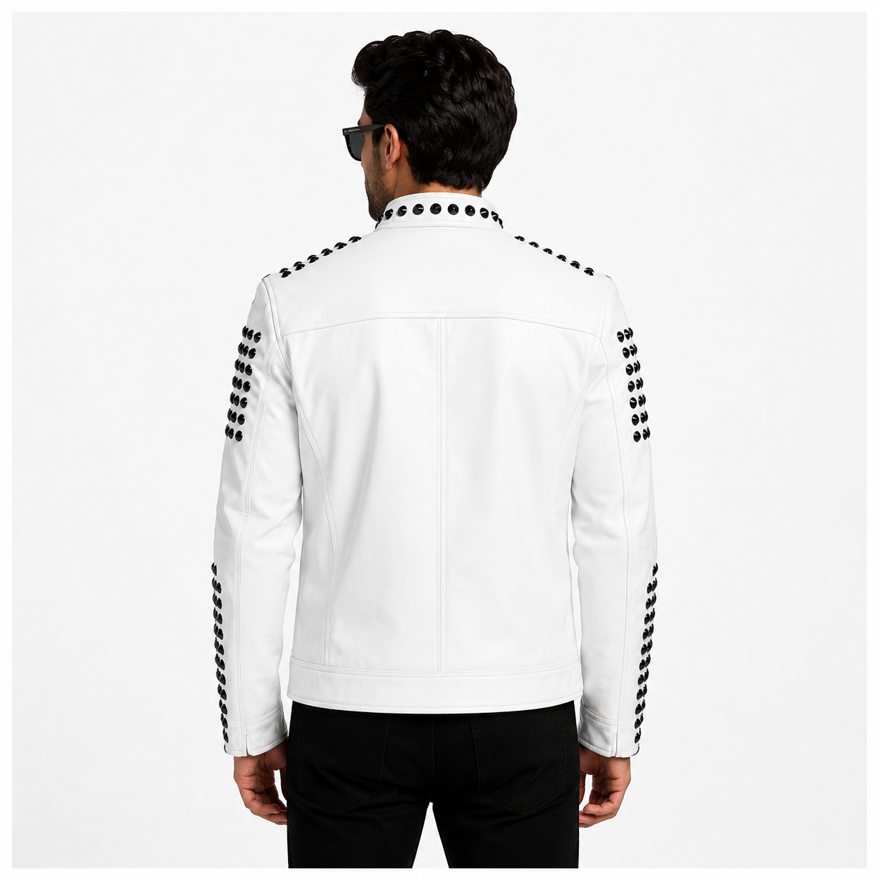 Men's White Studded Biker Leather Jacket