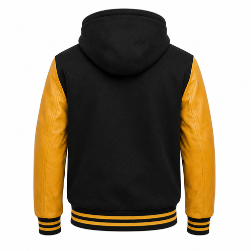 Men's Black and Mustard Yellow Hooded Varsity Jacket with Leather Sleeves