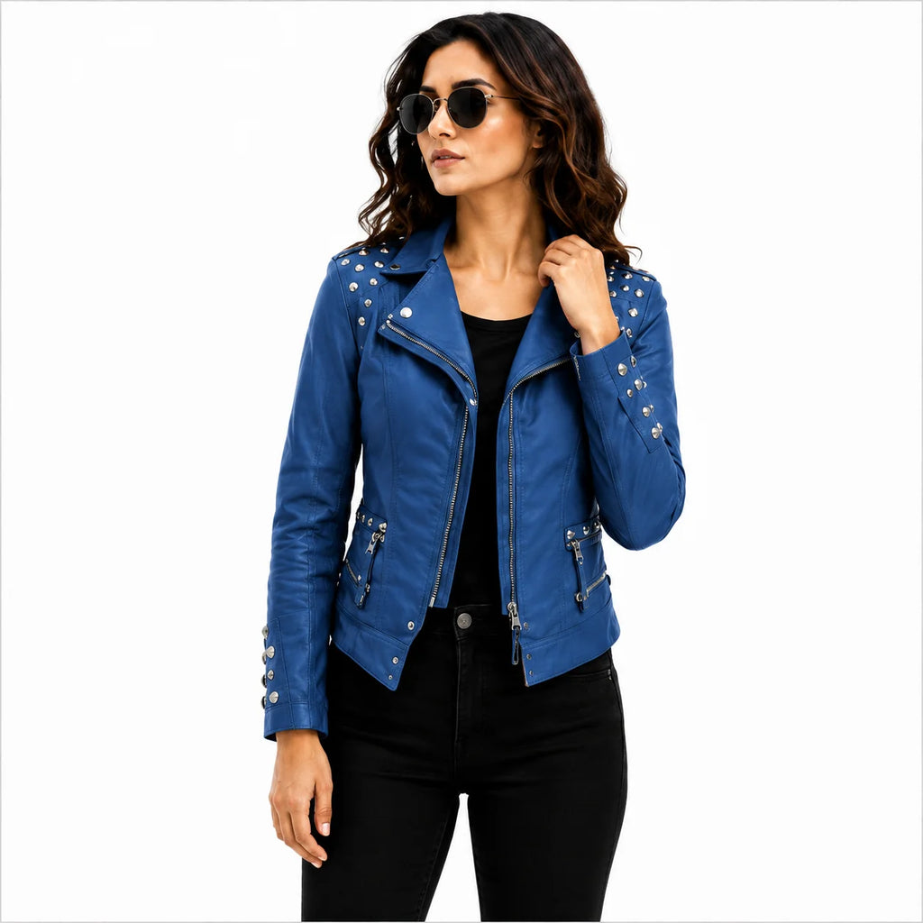 women's light blue leather biker jacket 
