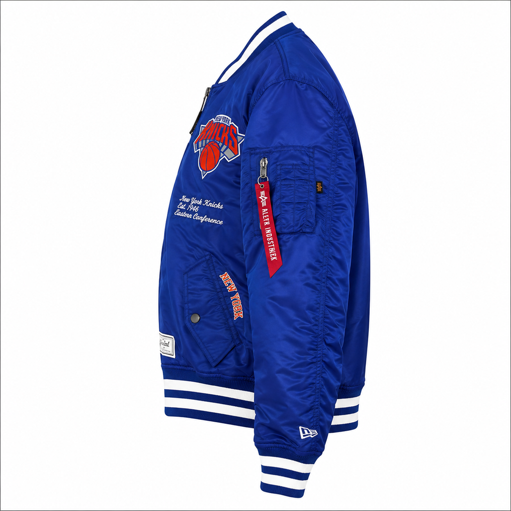 Blue New York Knicks NBA Satin Bomber Jacket with Patches and Logos