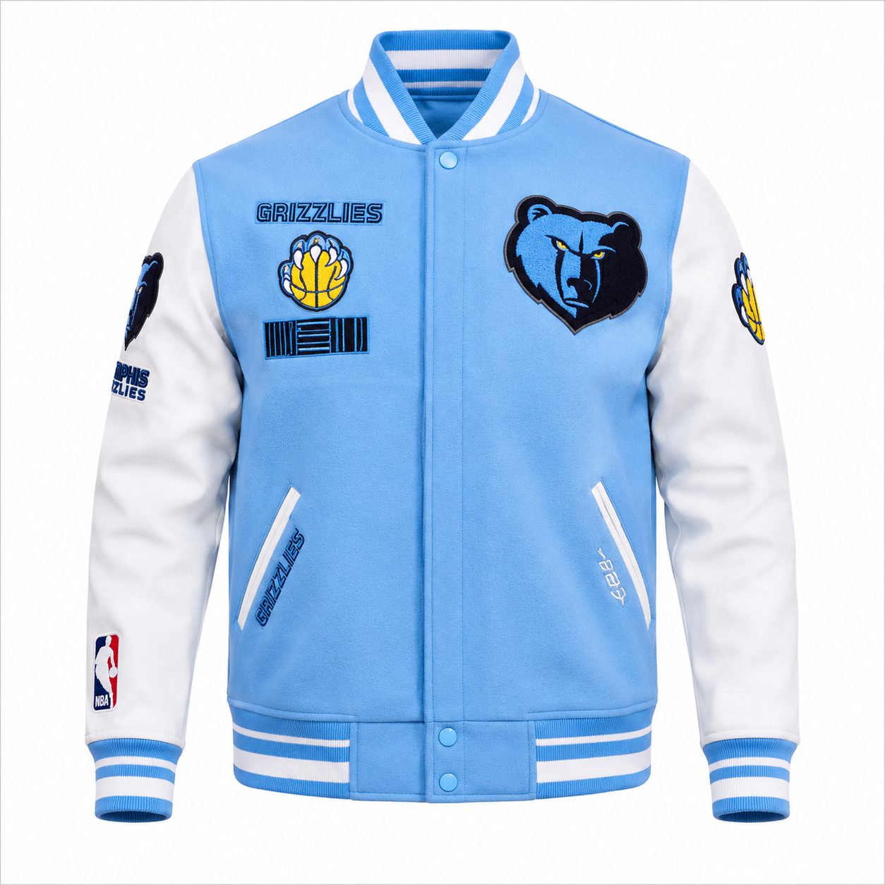 Light Blue and White Memphis Grizzlies NBA Varsity Jacket with Bear Logo Patches