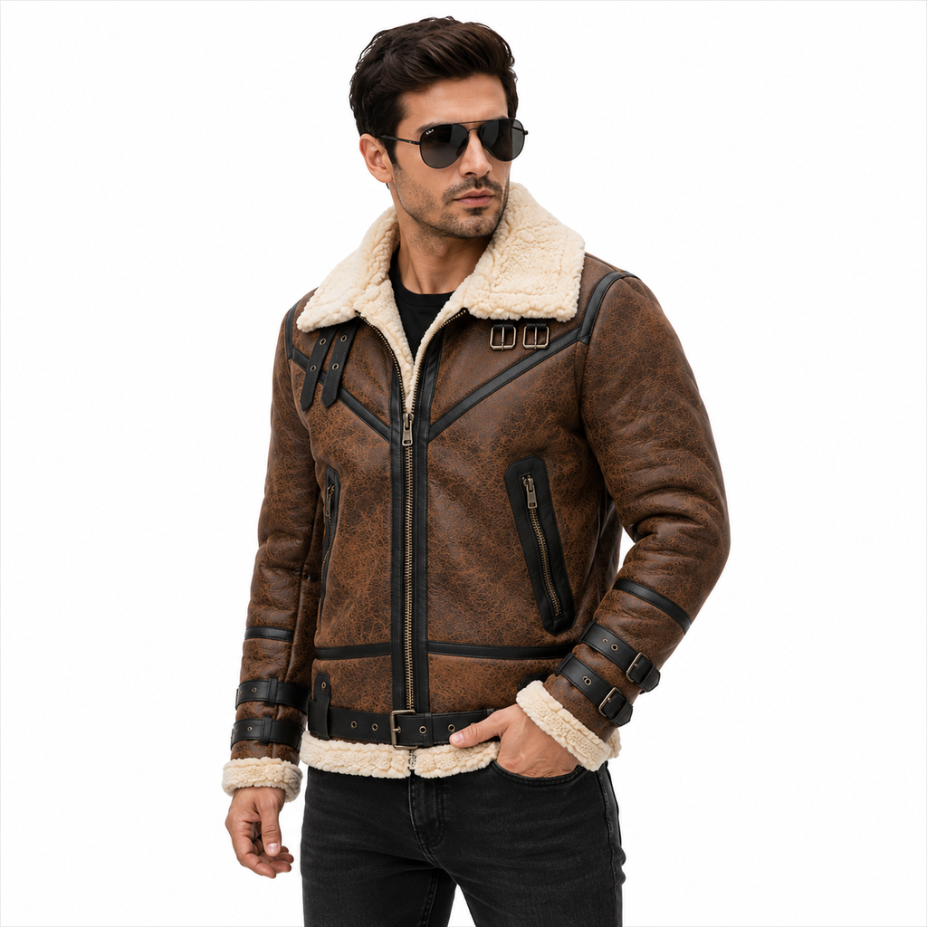Men's Brown Distressed Shearling Aviator Leather Jacket