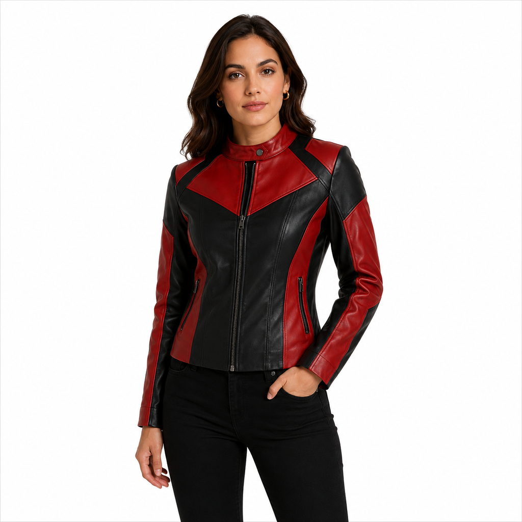 Women's Red and Black Two-Tone Cafe Racer Leather Jacket