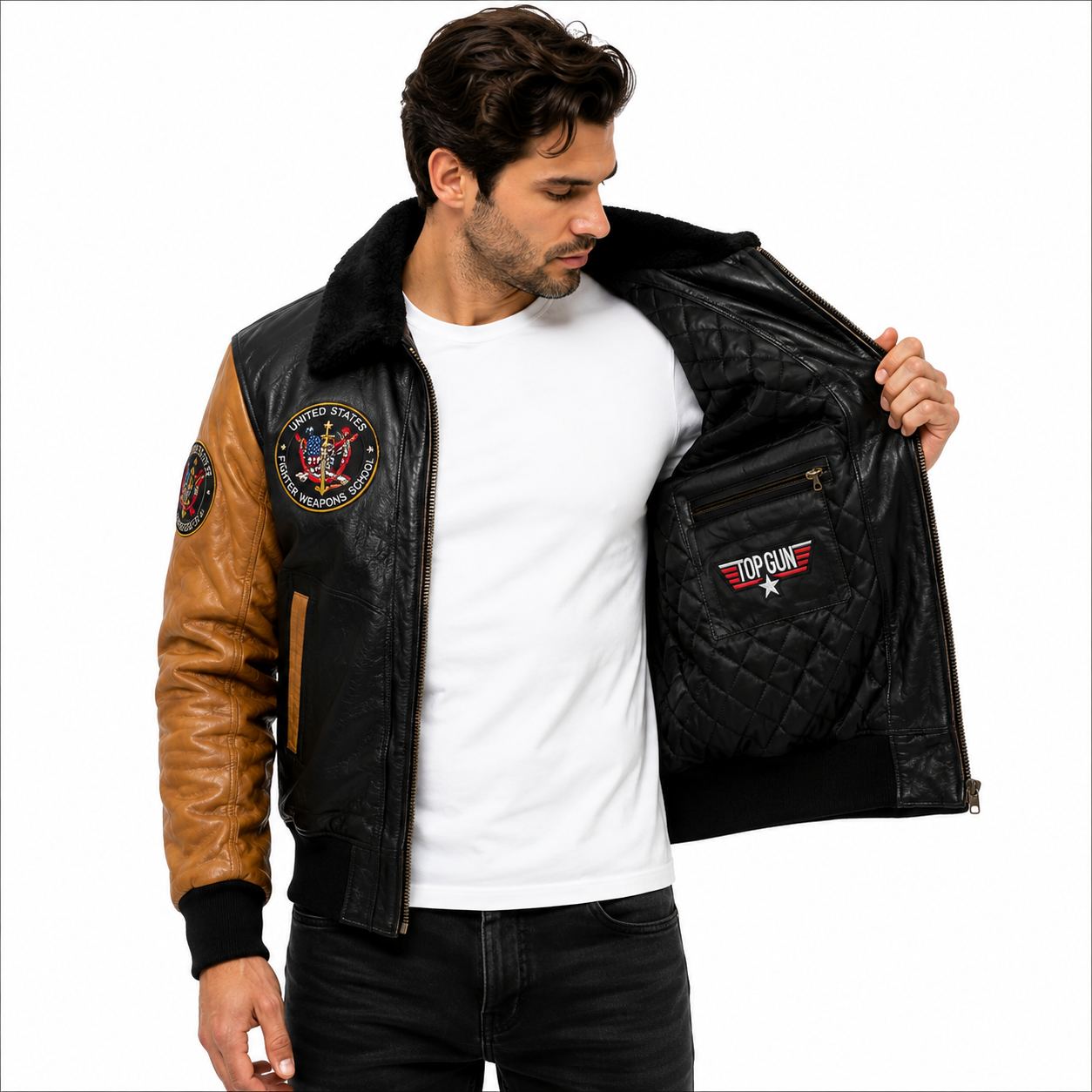 Men's Black & Tan Top Gun G-1 Flight Leather Bomber Jacket