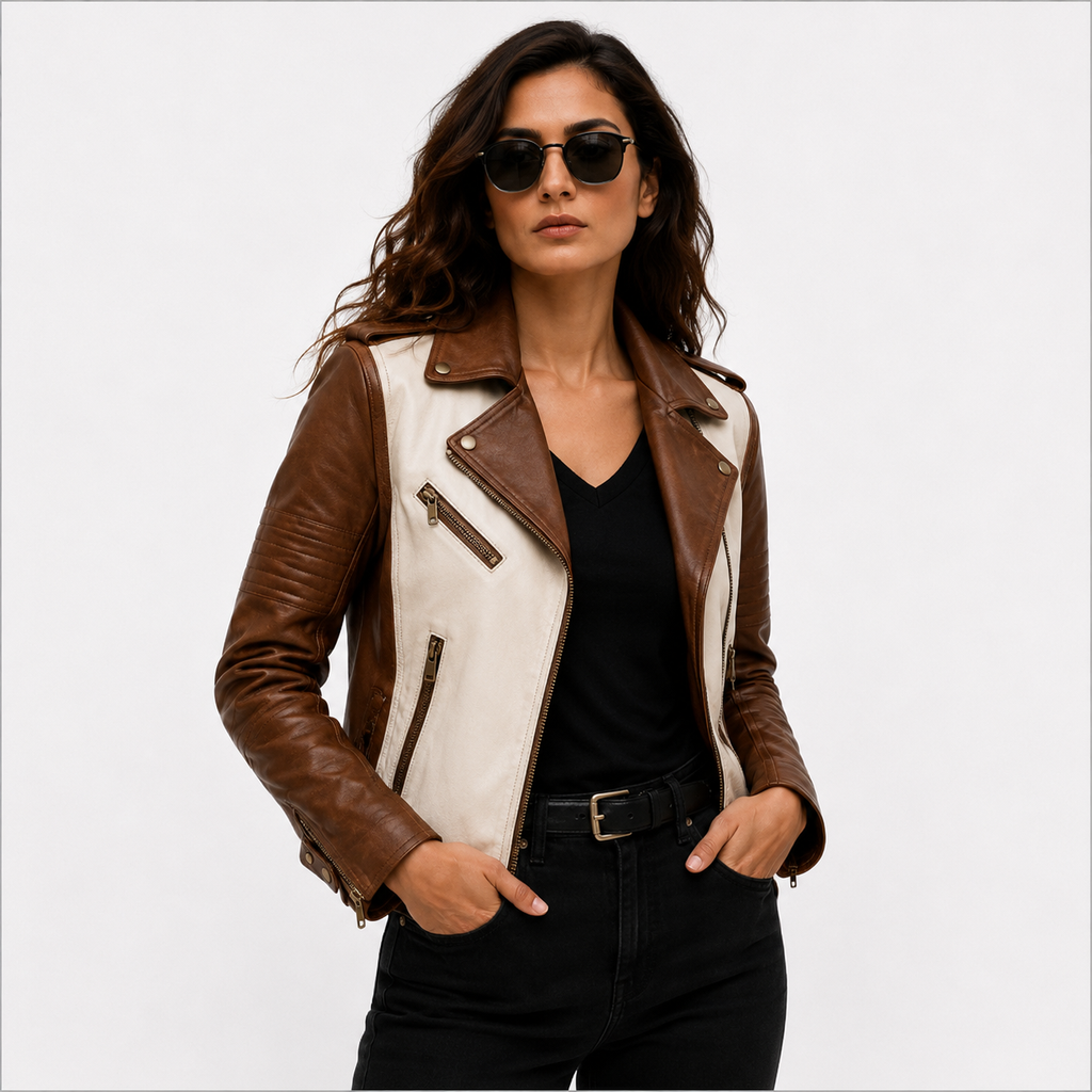 Women's Brown & Cream Biker Leather Jacket