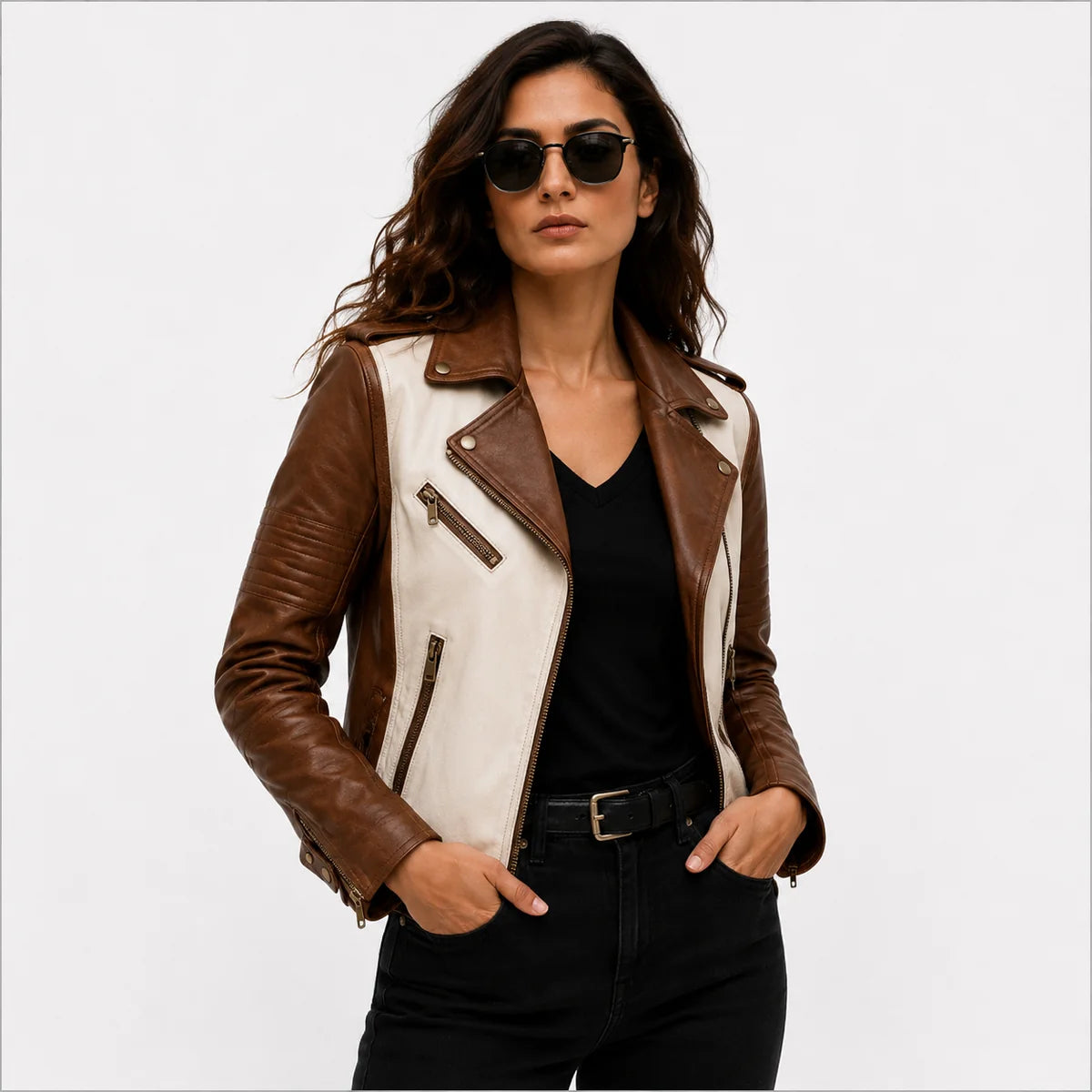 Women's Black & White Genuine Leather Moto Jacket