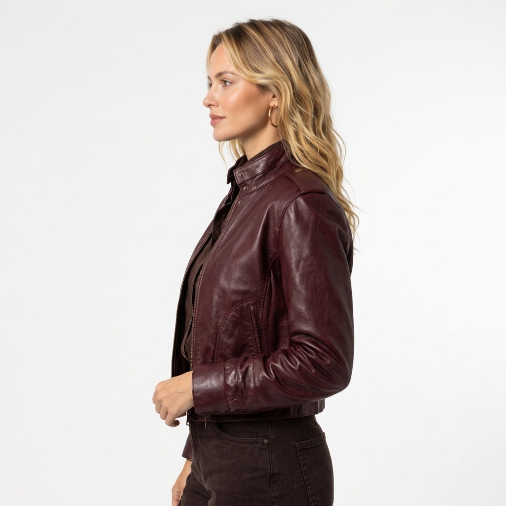Classic maroon women's leather jacket with a fitted design for elegant everyday fashion and street style