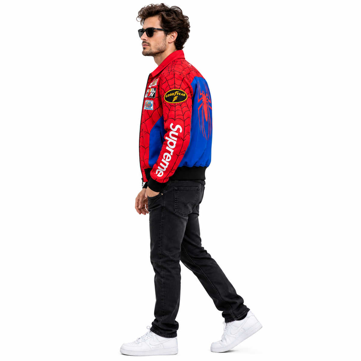 Red and blue Spider-Man-inspired racing jacket