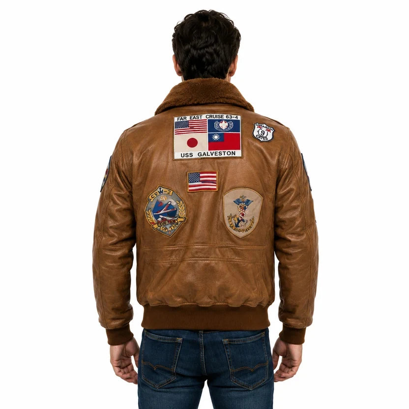 Men's Black Genuine Leather Top Gun Bomber Aviator Jacket