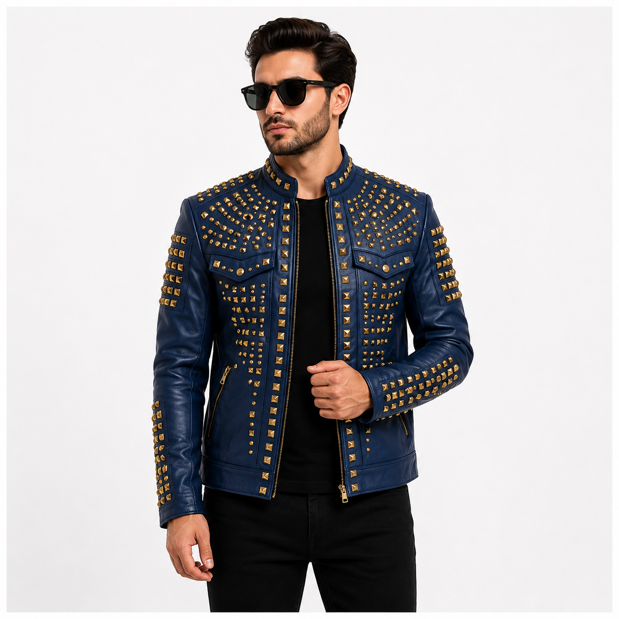 Men's Royal Blue Studded Leather Jacket