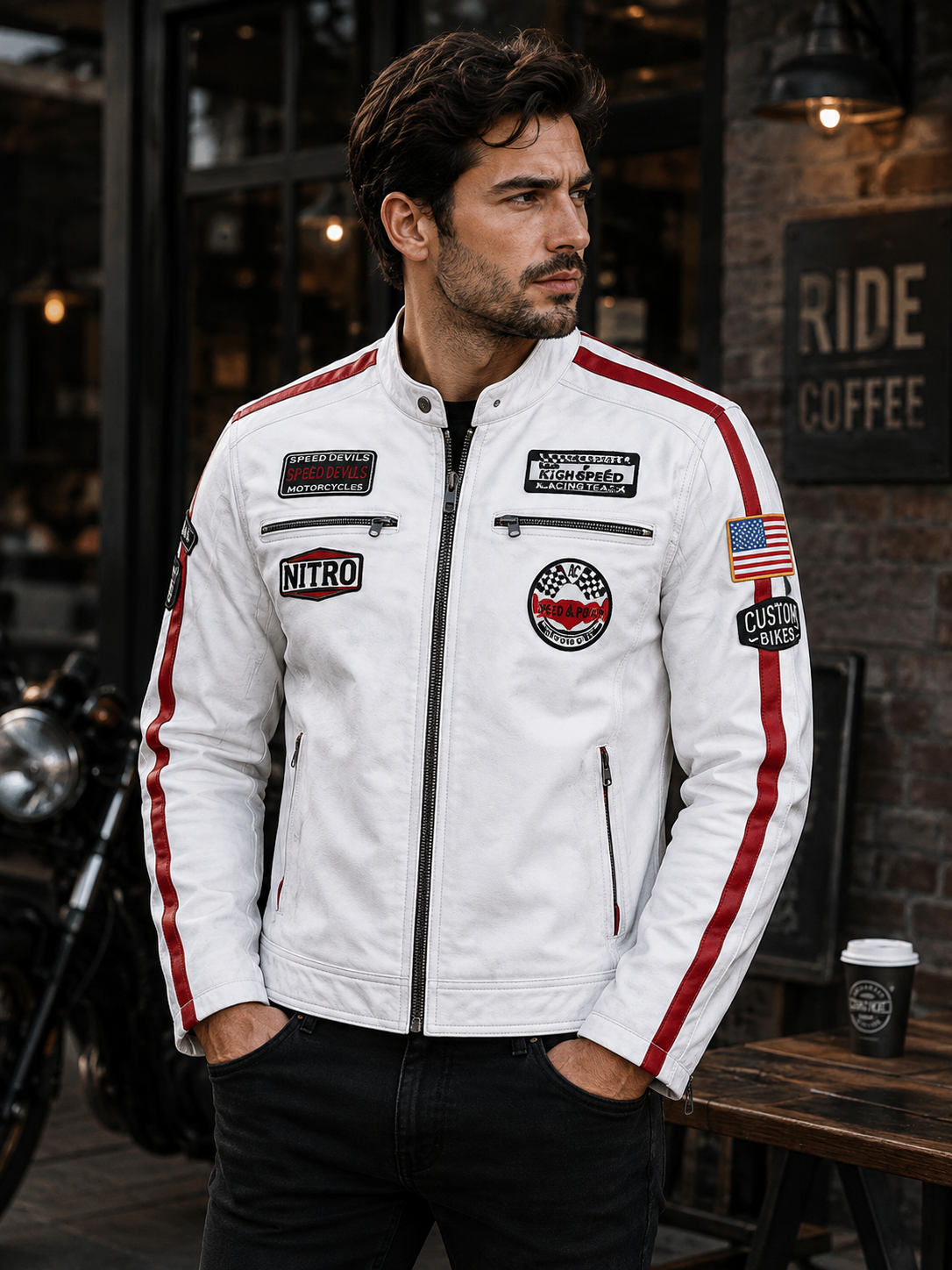 Men's White Leather Racing Jacket