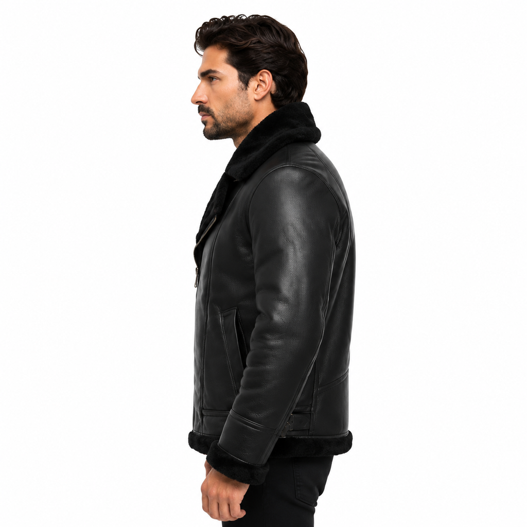Men's Black Faux Shearling Aviator Biker Jacket