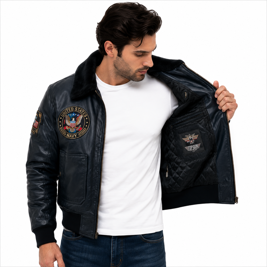 Men's Navy Blue Top Gun G-1 Flight Leather Bomber Jacket