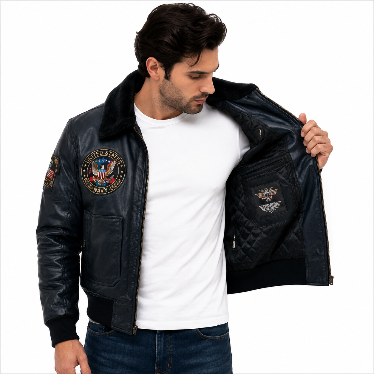 Men's Navy Blue Top Gun G-1 Flight Leather Bomber Jacket