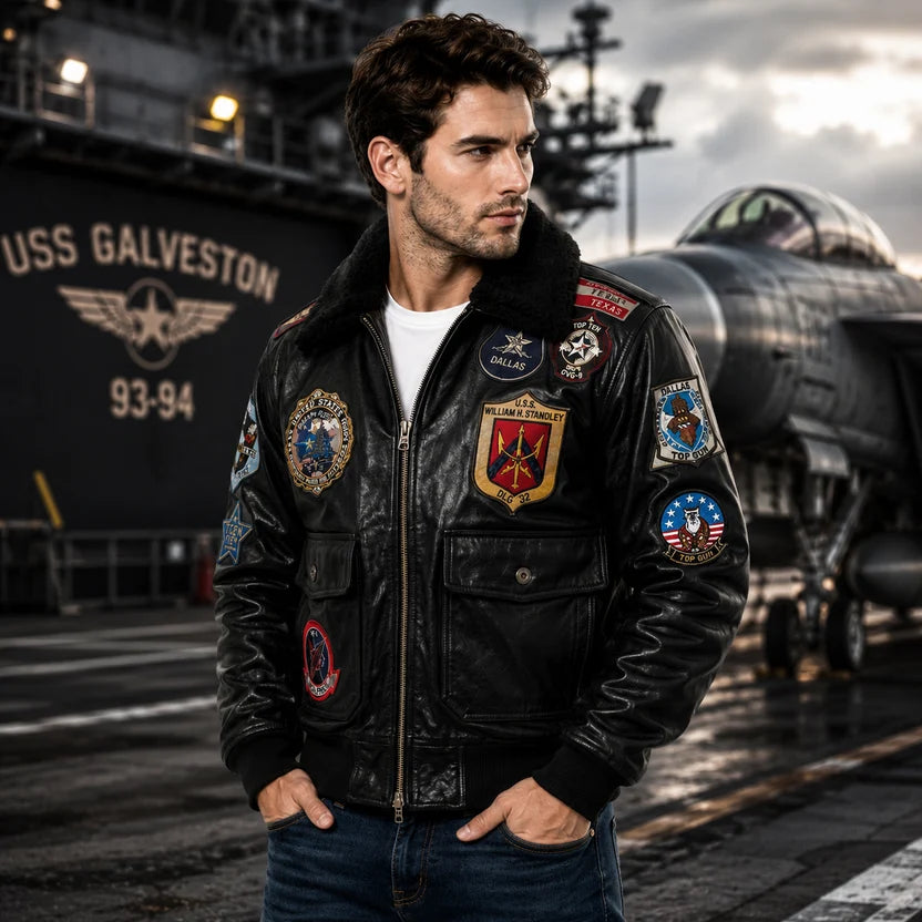 Men's Black Genuine Leather Top Gun Bomber Jacket