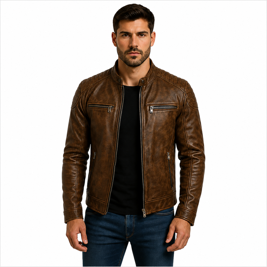 Men's Distressed Brown Genuine Leather Cafe Racer Jacket 