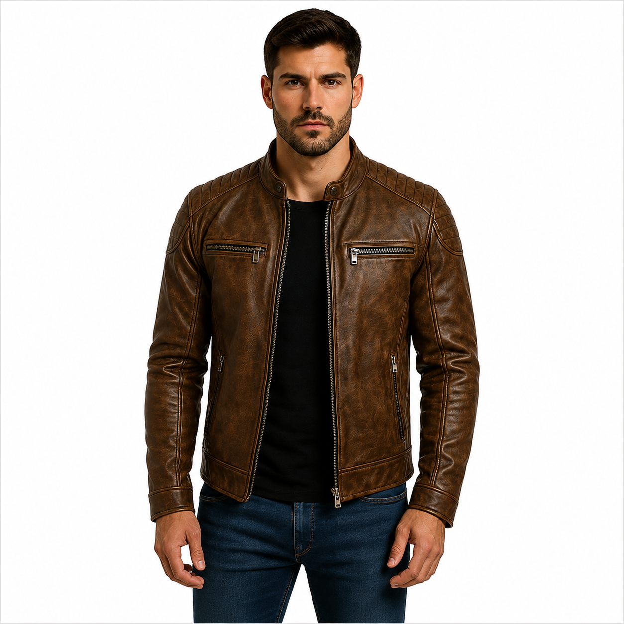 Men's Distressed Brown Genuine Leather Cafe Racer Jacket 