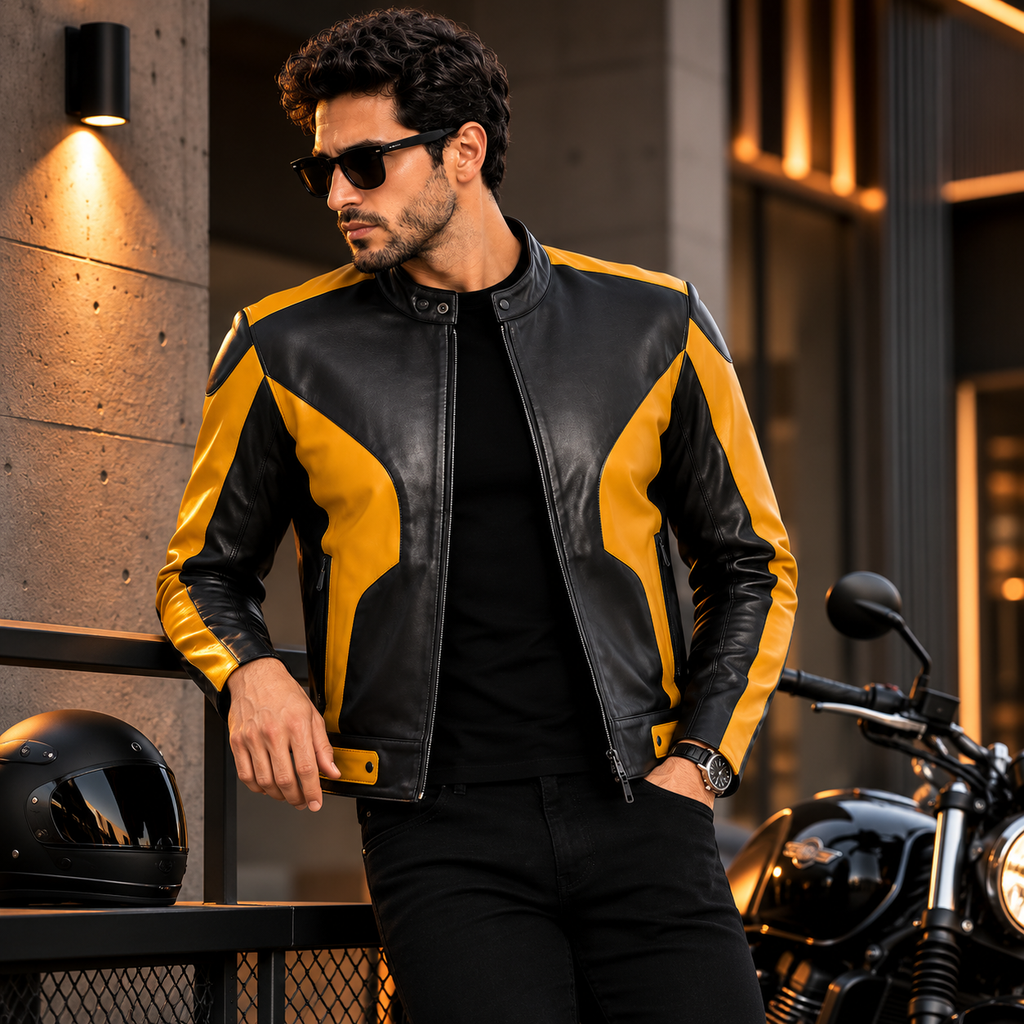 Men's Black & Yellow Genuine Leather Biker Jacket