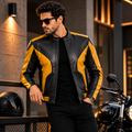 Men's Black & Yellow Genuine Leather Biker Jacket
