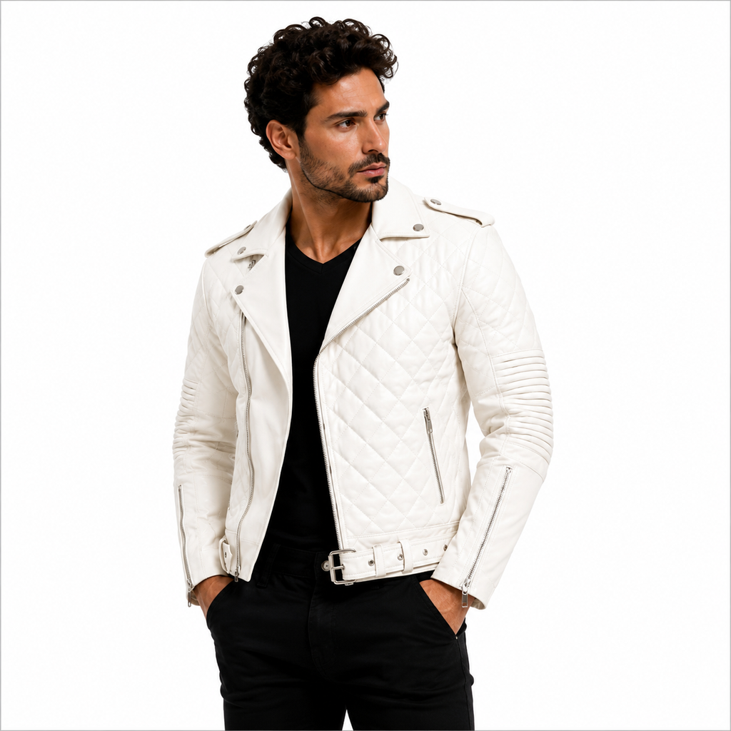 Men's Quilted White Biker Leather Jacket