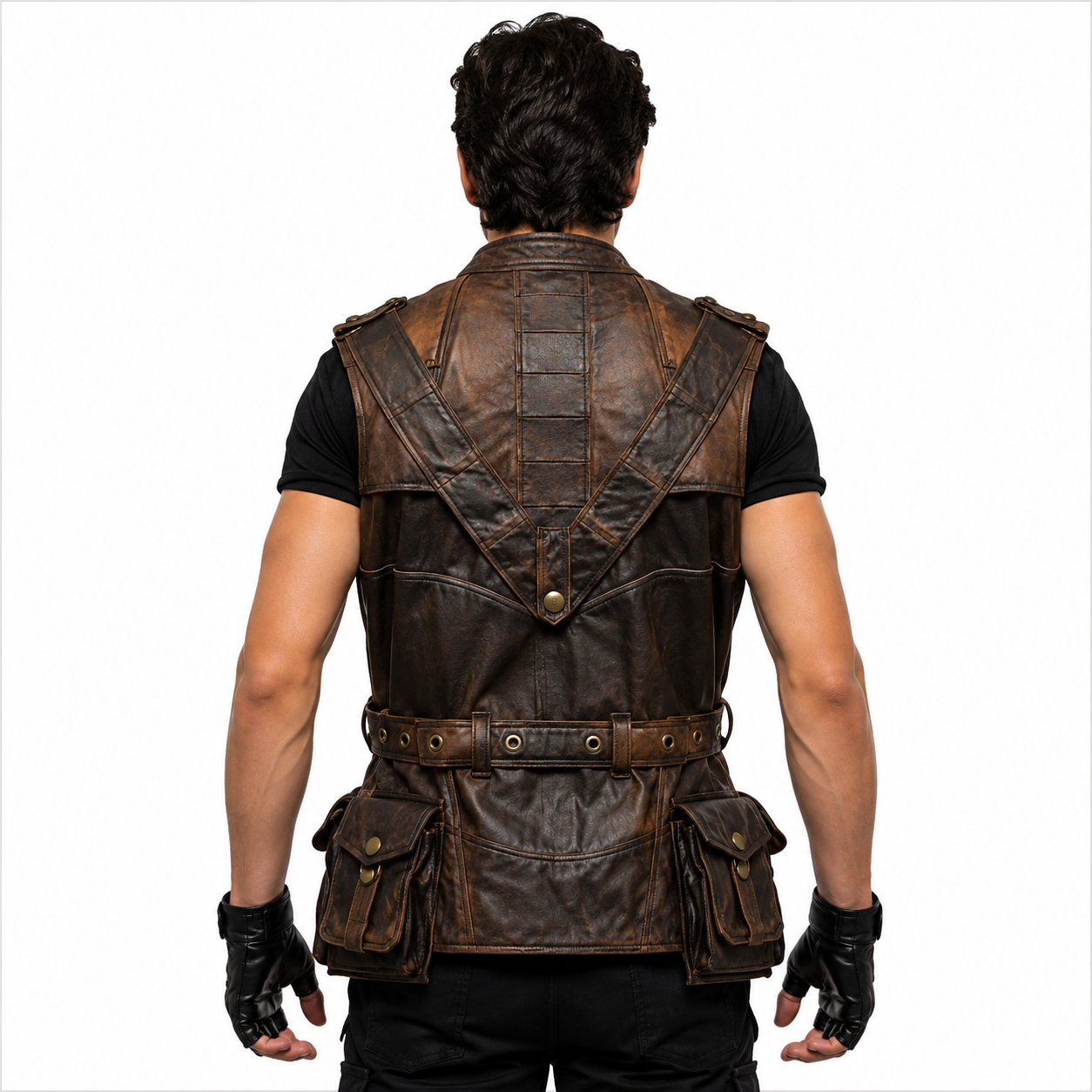 Tactical Leather Vest for Men Back View Multiple Pockets