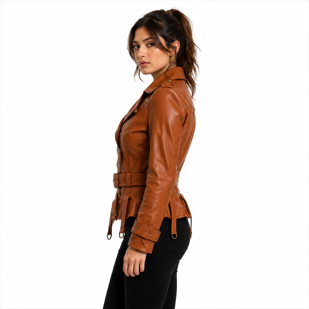 Peplum and Belt Detail on Cognac Leather Biker Jacket