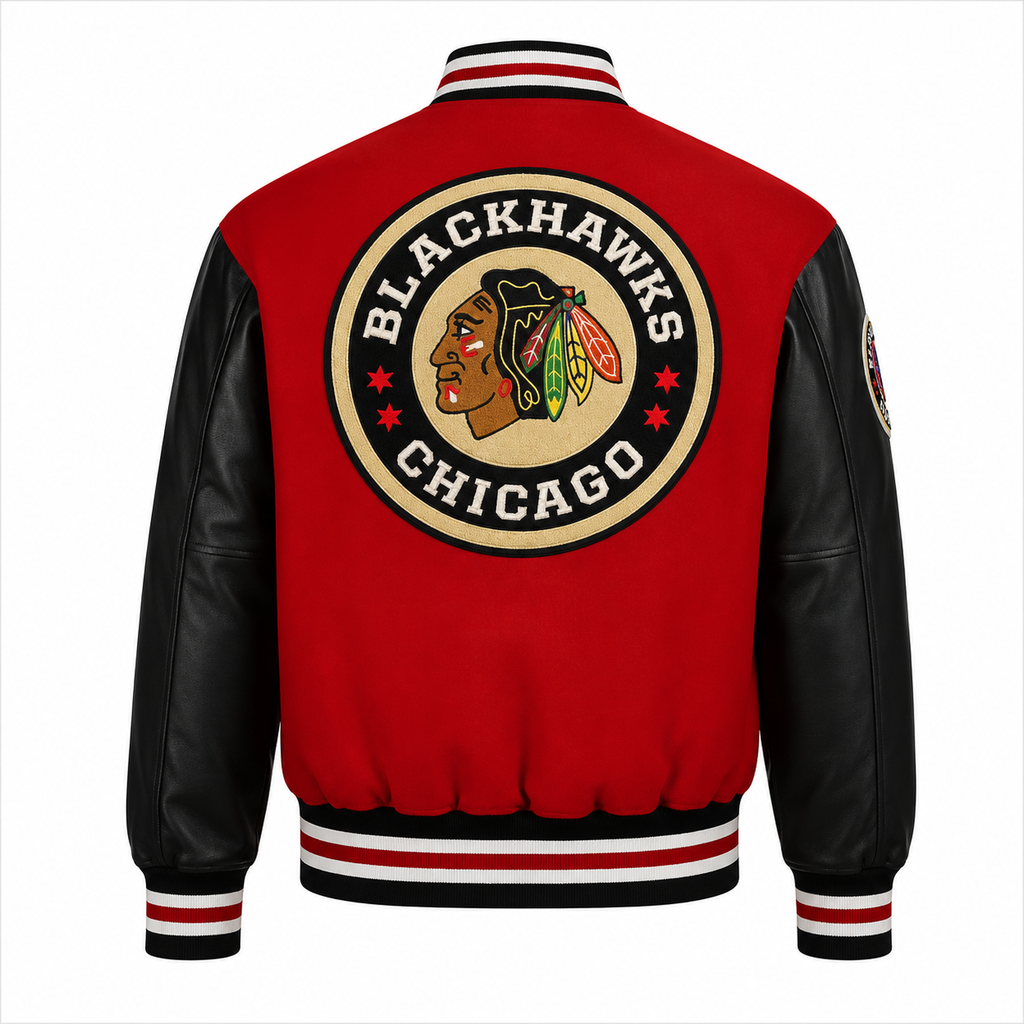 Men's red Chicago Blackhawks NHL bomber jacket leather sleeves