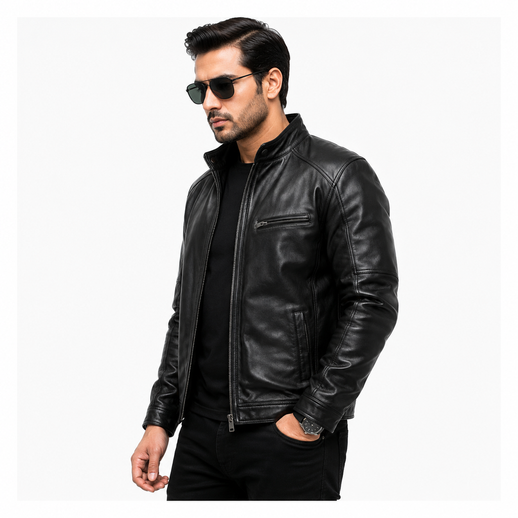 Men's black leather café racer jacket