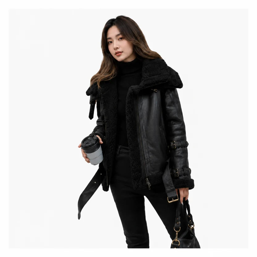 women's black shearling leather jacket 