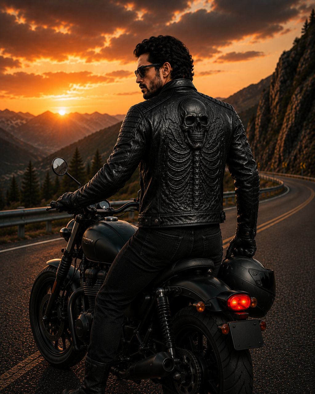 Men's Black Skull Embossed Biker Leather Jacket