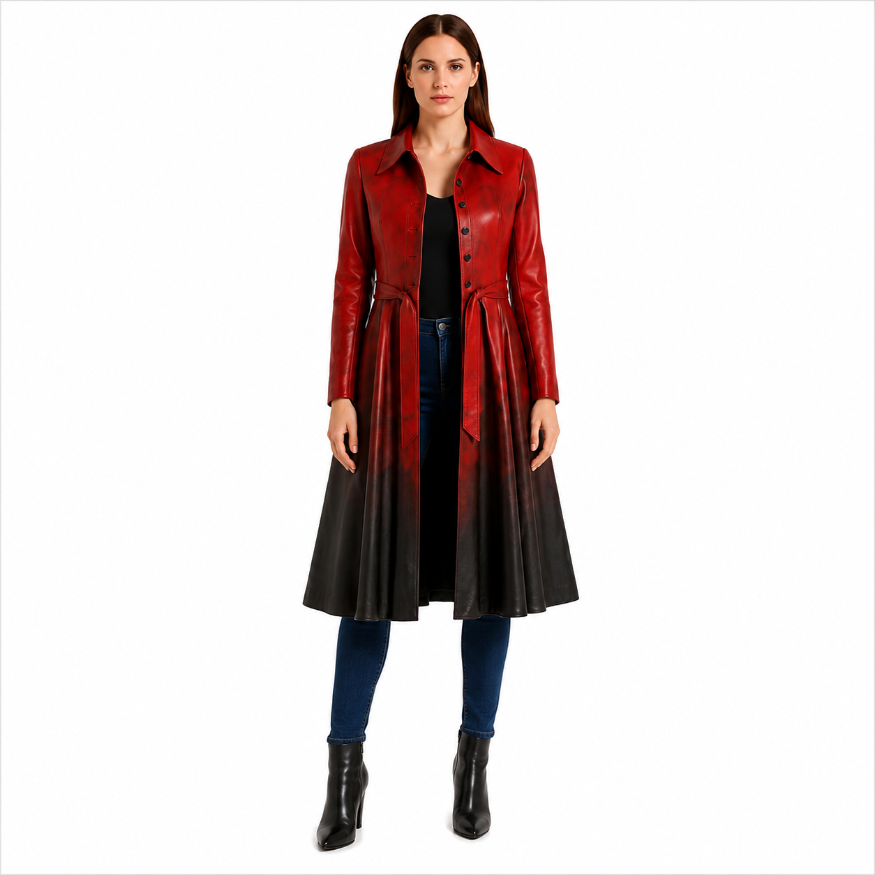 Women's Red Black Ombre Genuine Leather Belted Trench Coat