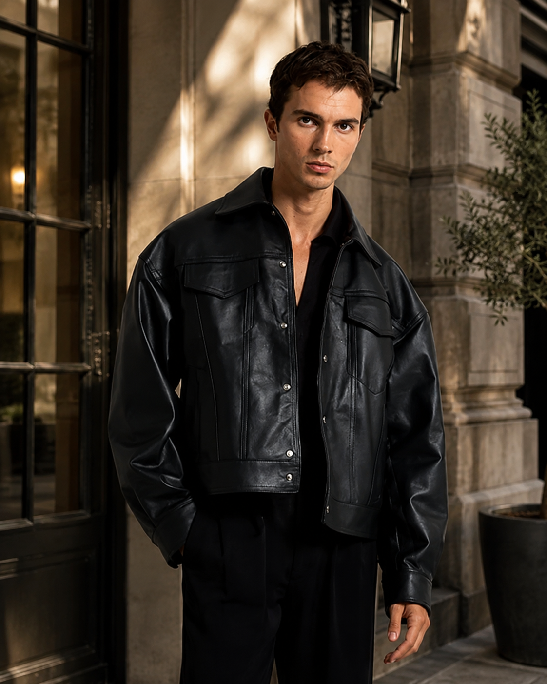 cropped black leather jacket