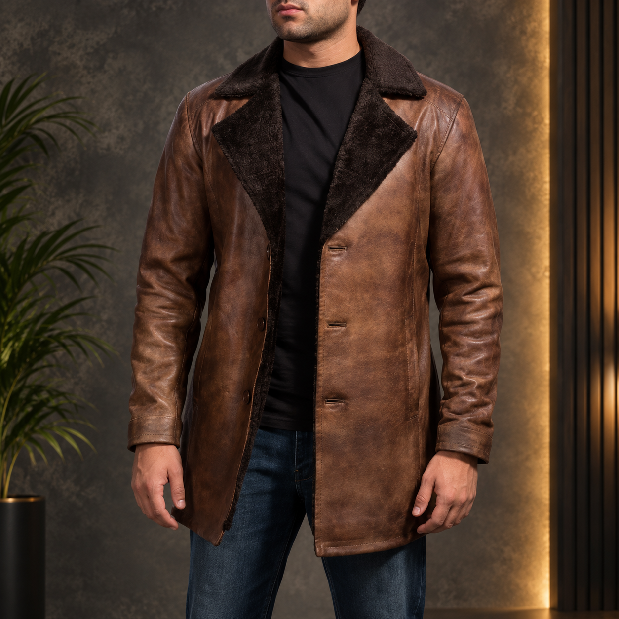 Cinnamon Distressed Leather Fur Coat
