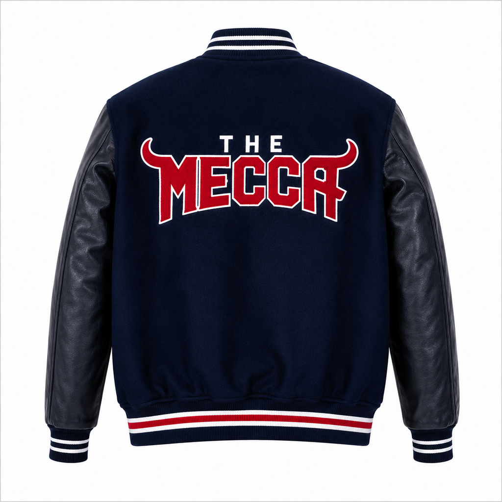 Navy Blue and Black Howard University The Mecca Varsity Jacket Back with Big Red Logo