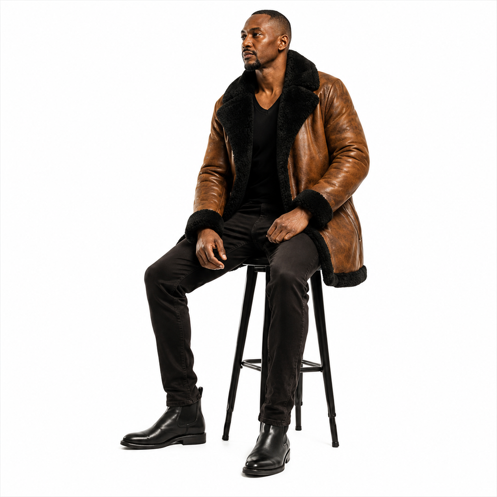 Genuine Leather Shearling Coat Fur Collar Detail