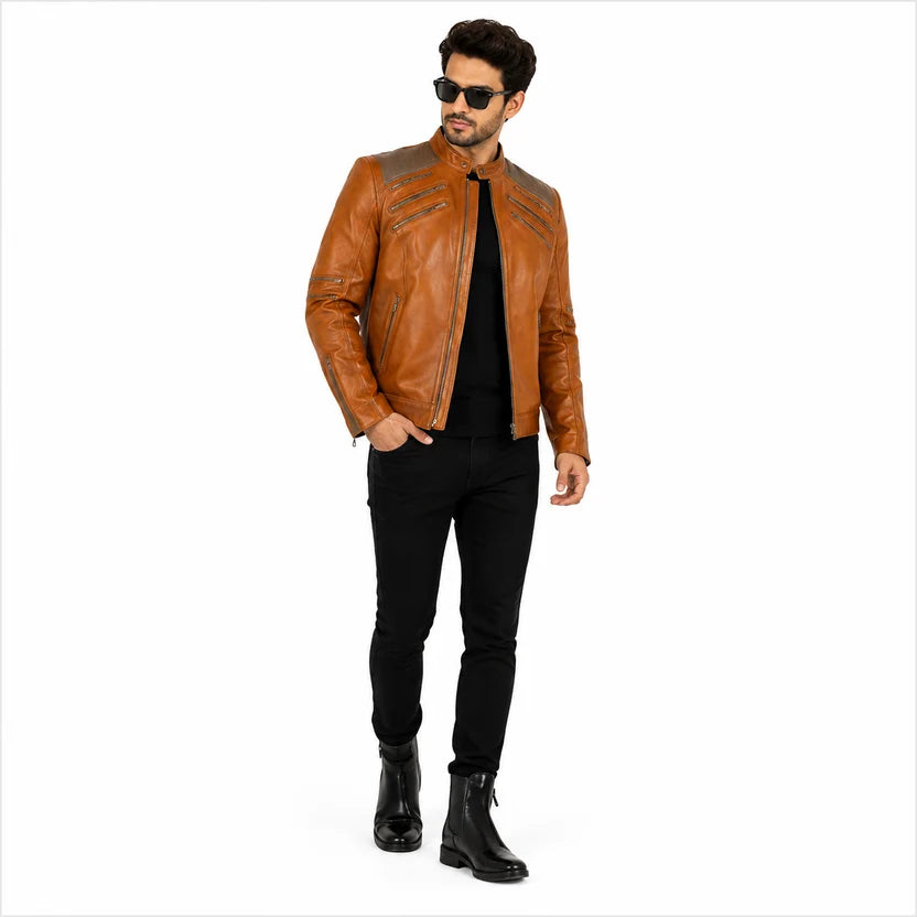 Cognac Brown MJ Style Leather Biker Jacket