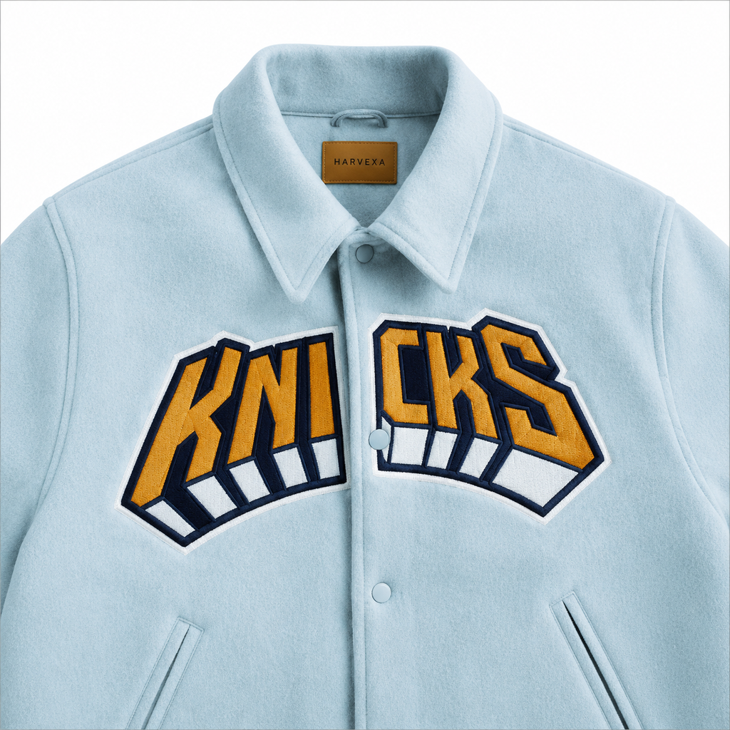 Light Blue New York Knicks NBA Varsity Jacket with Big KNICKS Logo