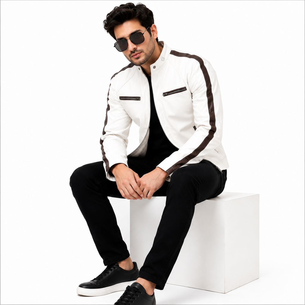 Men's White Premium Leather Biker Jacket