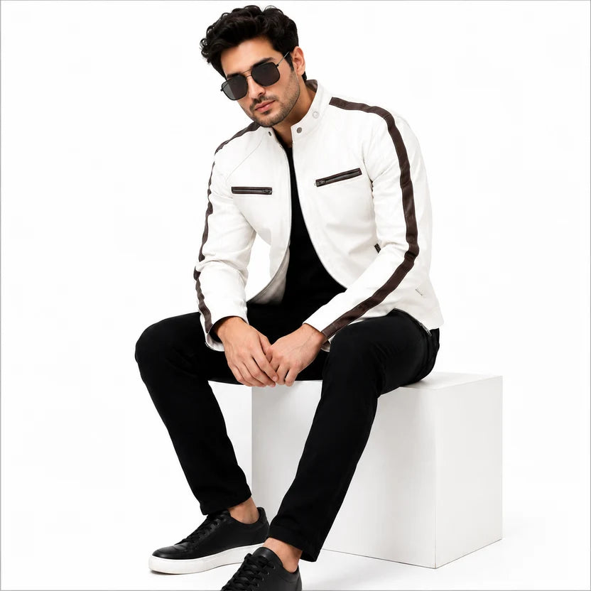 Black racing stripe on shoulder and sleeve of white motorcycle jacket