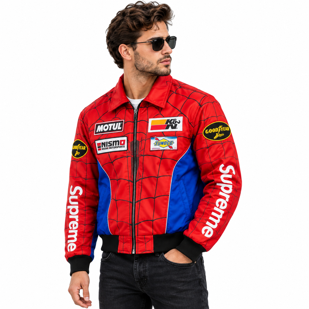 Red and blue racing jacket with Goodyear patch and Supreme sleeve lettering