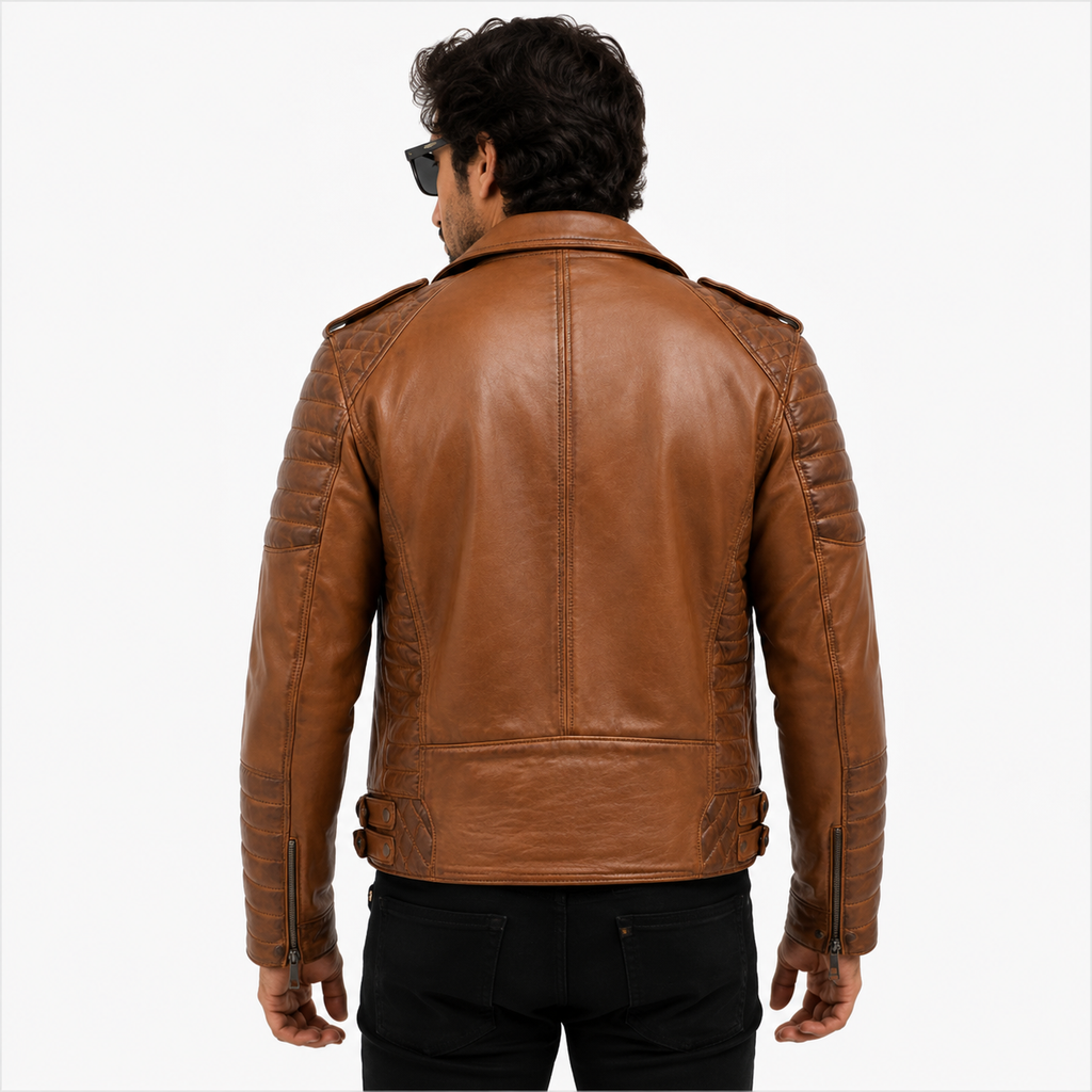 Men's Tan Brown Asymmetric Leather Biker Jacket