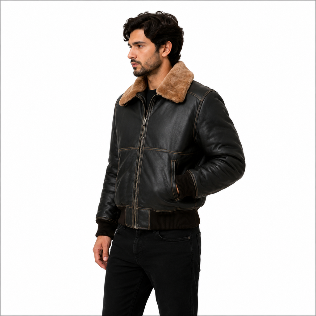 Men's black leather shearling aviator bomber jacket